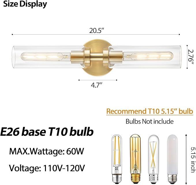 Lanhall 2 Light Bathroom Wall Sconce Set of 2,Modern Farmhouse Brushed Brass Gold Bathroom Light Fixture Over Mirror with Clear Glass Shade,Vanity Light for Hallway Cabinet Bedroom Stairway Porch