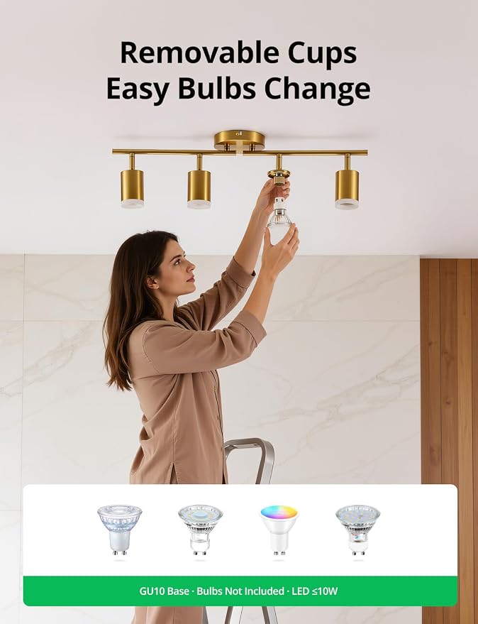 Bojim Track Lighting Fixtures Ceiling Mount for Kitchen, Gold 4 Way LED Spot Lights Indoor, Flexible Modern Track Light GU10 Socket for Dining Room, Bulbs Not Included