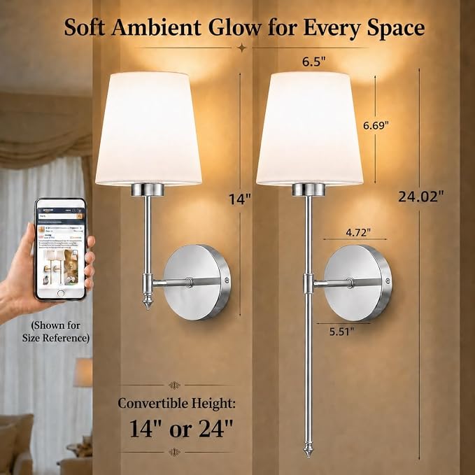 IRONPAX Wall Sconces Battery Operated Set of 2, Wireless Rechargeable Wall Sconce Set of Two, Dimmable Wall Lights with Remote for Bedroom Living Room Hallway Decor (Brushed Nickel, Fabric Shade)