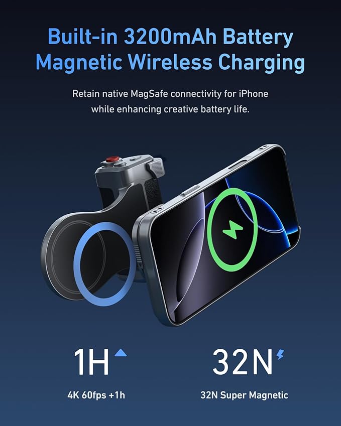 【For iPhone 17 Pro Only】TELESIN Master Grip Kit, Magnetic Phone Camera Grip Powergrip with C03 Selfie Light+ UV Filters, Creator Kit Built-in 3200mAh Battery Wireless Charging - Cooling Graphene Case