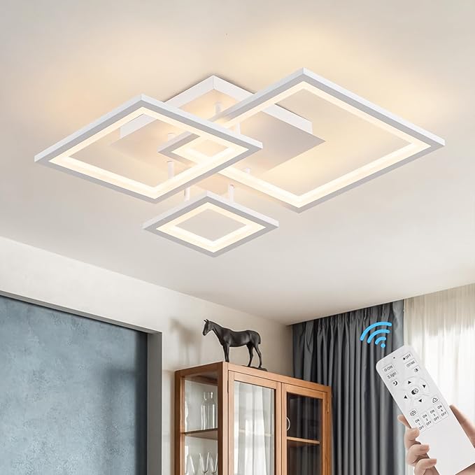 Modern White Led Ceiling Light 3-Square Design 3000K-6500K Dimmable LED Ceiling Light with Remote 33W Acrylic Ceiling Lighting Fixture for Bedroom Kitchen Dining Room Office Lamps (White)