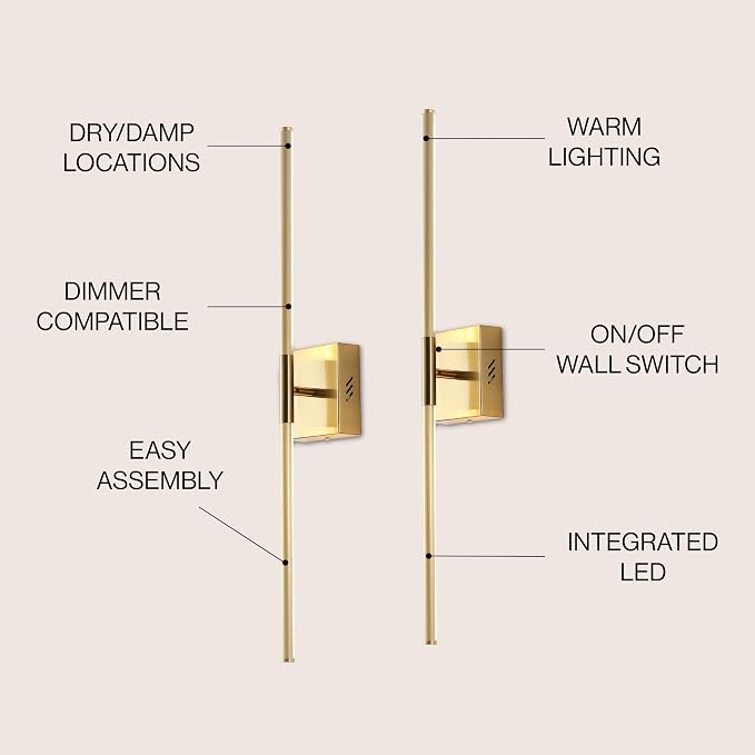 JONATHAN Y Makena 28" 1-Light LED Wall Sconce, Brass Gold, Set of 2 | Dimmable, Modern, Integrated 12W, Hardwired, Sleek Metal, Ambient, Bathroom Mirror, Bedroom, Hallway, Vanity Mount