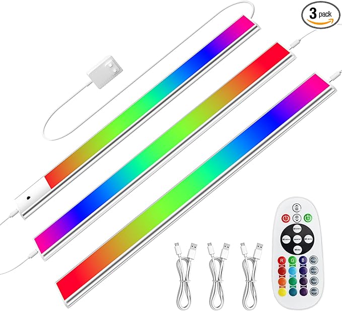 RGB Under Cabinet Lights Plug-in, 12 Inch, 3 Pack | Remote,Under Cabinet lighting, Dimmable, LED Light Bar for Kitchen, Multi-Color for Desk, Closet