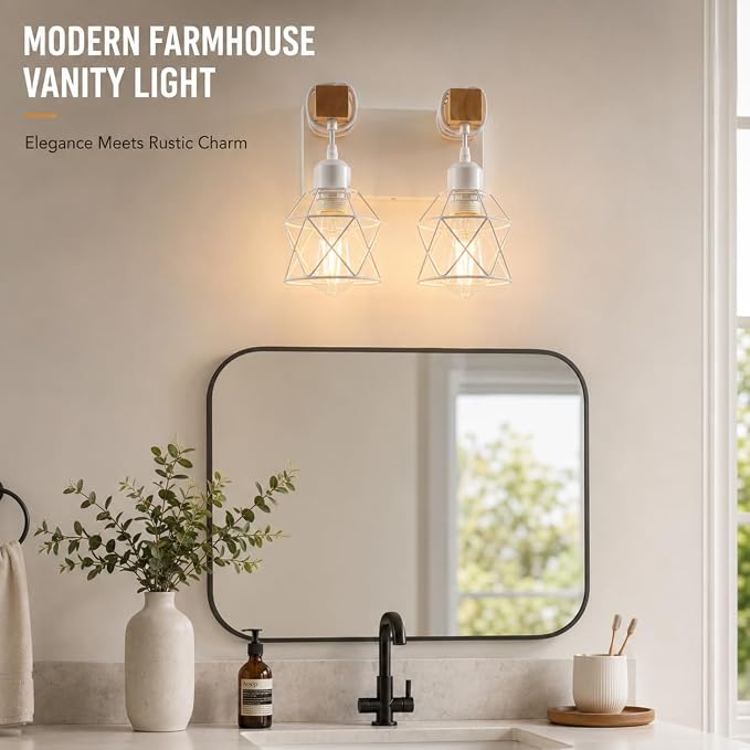 Farmhouse Vanity Light Fixture,2-Light Bathroom Lighting,White Modern Wood Wall Light Over Mirror with Metal Shade