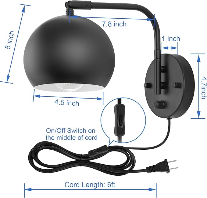 VATONI Dimmable Wall Sconces Set of 2, Plug in Wall Sconces Swing Arm Wall Lights with Plug in Cord and Dimmer On/Off Knob Switch, Black Globe Wall Light for Bedside Bedroom Bathroom(2 Bulbs Included)