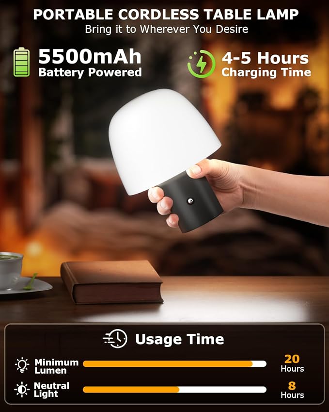 CHLORANTHUS Portable LED Table Lamp, Cordless Desk Lamp Rechargeable, 3-Color Touch Stepless Dimming Night Light for Bedroom/Children's Room/Terrace/Dining Room/Cafe (Black)