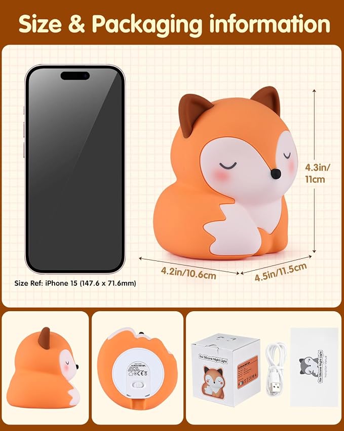 YISUN Fox Silicone LED Night Light, 3 Level Dimmable Kids Room Nursery Lamp | Soft Squishy, Rechargeable Bedside Touch Light, Novelty Animal Lamp for Boys Girls Toddlers