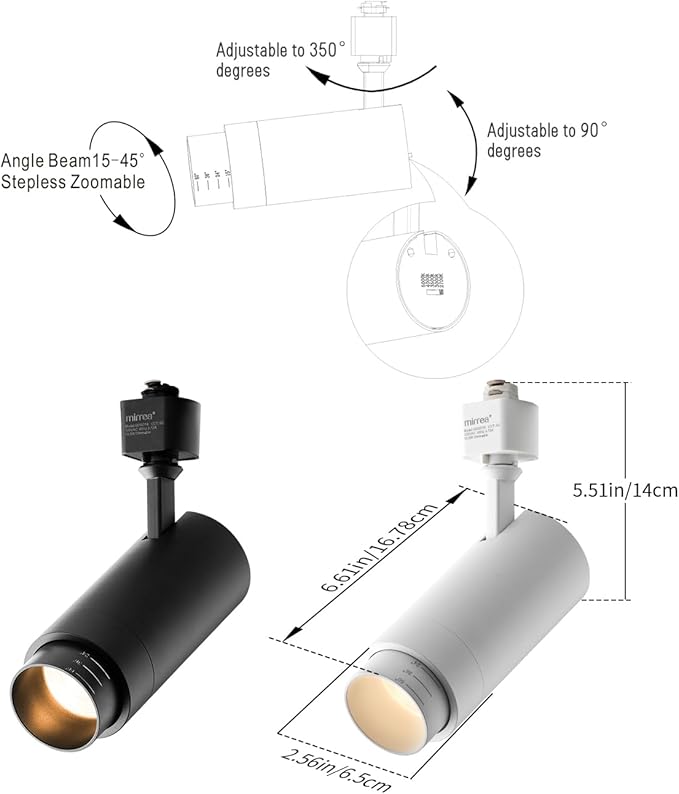 mirrea 5-Color Zoomable H-Type White Track Lighting Heads, 13.5W LED Track Light Head, 2700K-5000K Adjustable, Beam Angle 15°-45° Ceiling Spotlight Fixtures Pack of 6