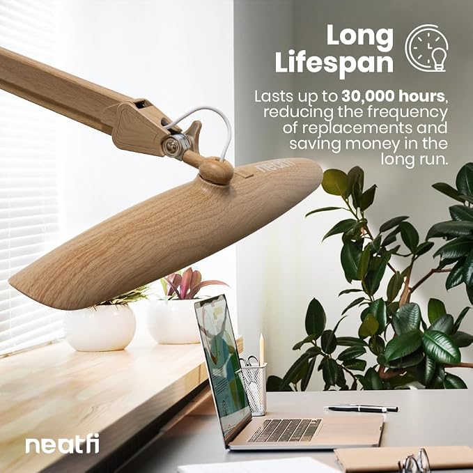 Neatfi XL 2200 Lumens 24W LED Desk Lamp – Shadow-Free Task Lighting | 4-Level Dimming | Home Office & Crafts Use | 20-Inch Wide Head (Brown Wood, Non-CCT with Clamp)