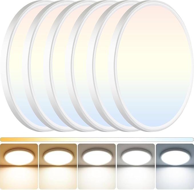6Pack LED Flush Mount Ceiling Light: 12 inch Super Slim Dimmable & 5CCT (2700-6000K) Kitchen Lighting Fixtures Ceiling - 24W White Low Profile Ceiling Lamp for Bedroom Garage Hallway