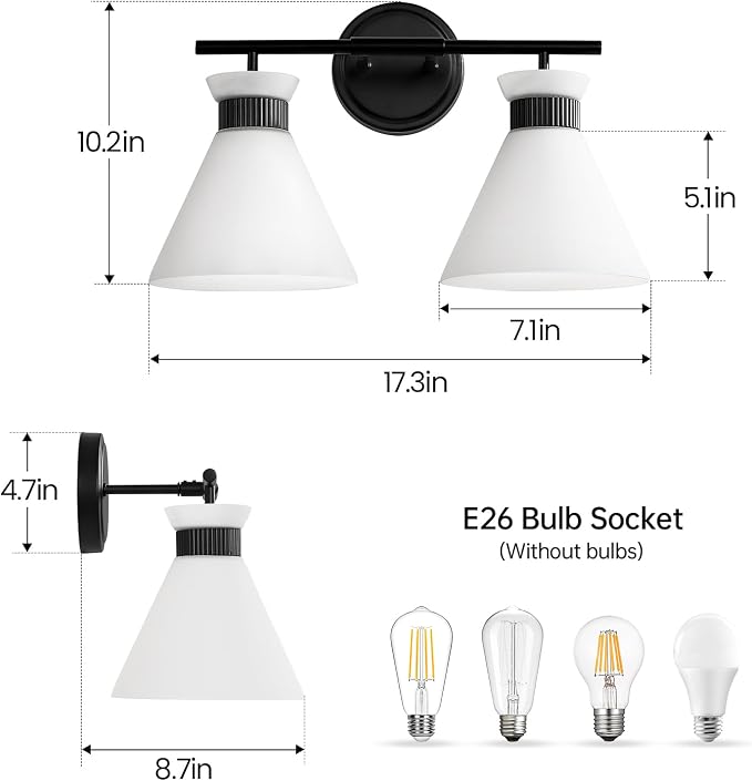 WOSHITU Black Bathroom Vanity Light Fixtures: Bathroom Lighting Fixtures Over Mirror 17.3 inch with Milky White Frosted Glass, 2-Lights Mid Century Modern Vanity Lighting Wall Light(Exclude Bulb)