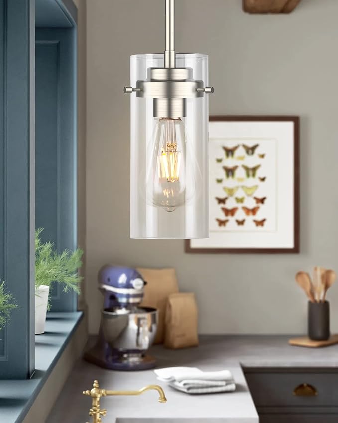 EAPUDUN Pendant Light (2 Packs), Kitchen Ceiling Hanging Light, Adjustable Height, Kitchen Light Fixtures Brushed Nickel Pendant Lights, Farmhouse Pendant Lighting for Sink Island, Home Décor Lighting