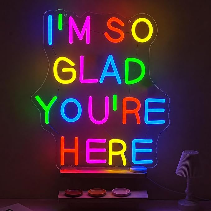 I’m So Glad You’re Here Neon Sign Dimmable Letter Positive Affirmation Neon Light USB Powered Colorful Welcome Light Up Sign for Classroom Wedding Party Store Home Wall Art Decor