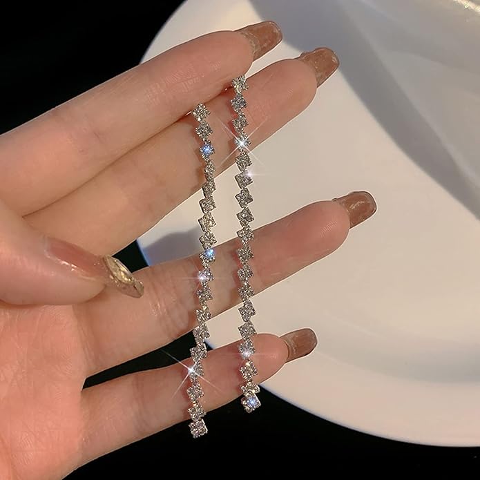 Luxval Rhinestone Earrings Dangling for Women Sparkly Silver Dangle Earrings Girls Long Chandelier Earrings Tassel Lightweight Ear Studs Cubic Zirconia Crystal Statement
