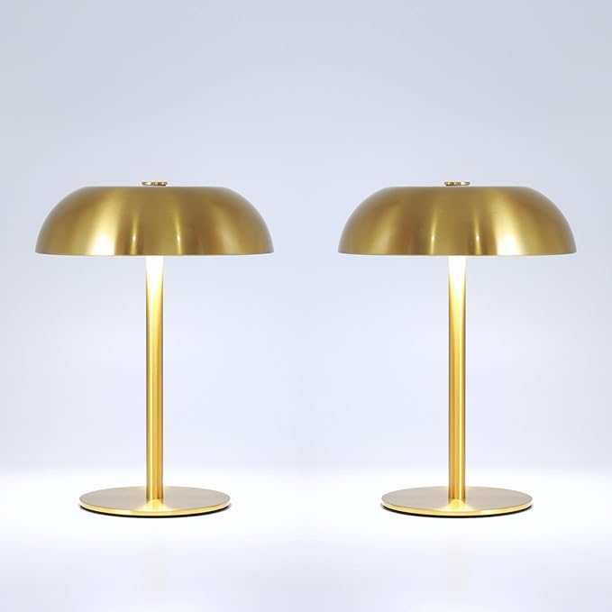 2 Pack Cordless Mushroom Table Lamp, Rechargeable, Dimmable 3 Color, Gold | Small, 8.46in, Portable, Easy to Assemble, Metal Structure, Rechargeable, Suitable for Bedroom, Café, and Bar Counter