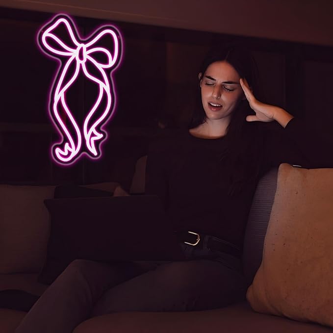 Bow Neon Sign - JGHTURIE Neon Signs for Wall Decor, Pink Bow Ribbon Light up Signs for Room, Bar, Party, Home Decor, Led Sign - USB Powered