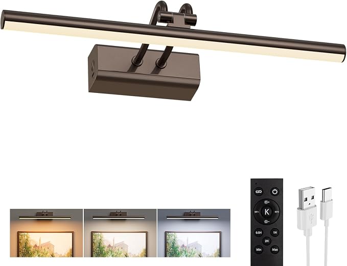 Picture Lights for Wall, 13.8in, Brown, 4000mAh, Rechargeable Remote | Magnetic LED Art Display Light with 3 Color Temperatures for Gallery, Living Room, Bedroom, Hallway, Wireless
