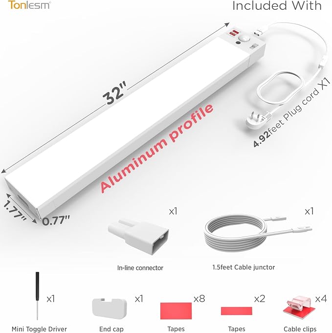 Under Cabinet Lighting Plug in, AC120V LED Motion Sensor Light Indoor 3000K/4000K/5000K, Super Bright, Linkable Under Counter Light for Kitchen,Closet,Shelf,Aluminum (32inch,White,1Pack)