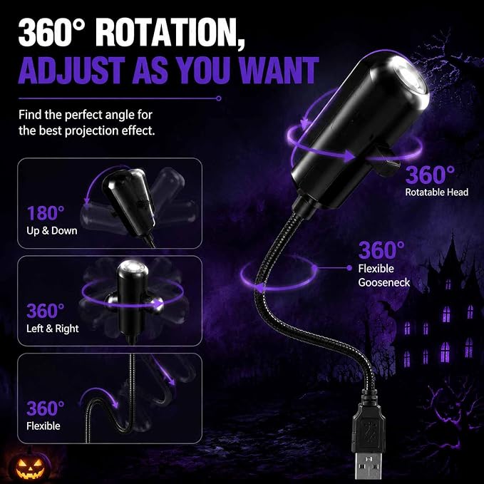 Plug and Play HD Star Projector Halloween, Projector Halloween | USB Powered with 360° Flexible Neck, Star Projector for Bedroom Ceiling Halloween Decor