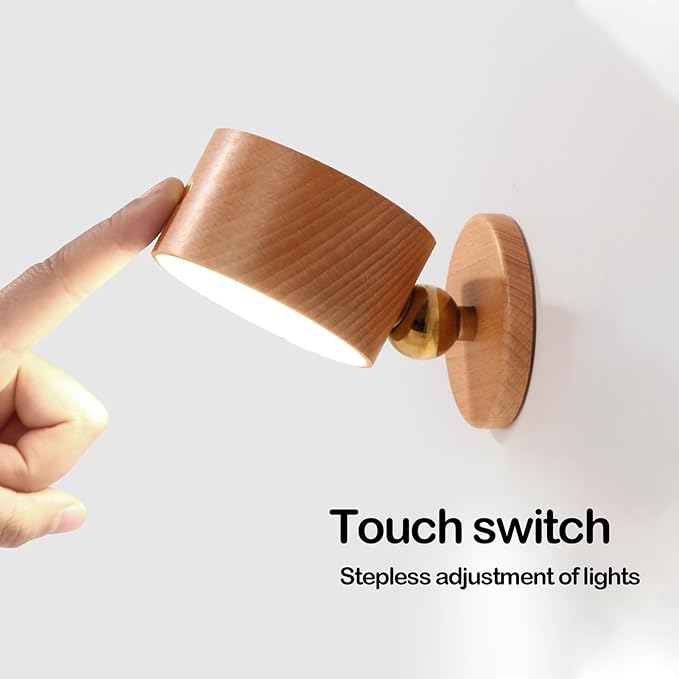 Wooden Led Wall Sconce, 360° Rotatable Dimmable Wall Lights Rechargeable Wall Lights Battery Operated Magnetic Led Night Light for Reading Light and Household Lighting (Beech Wood 2pcs)