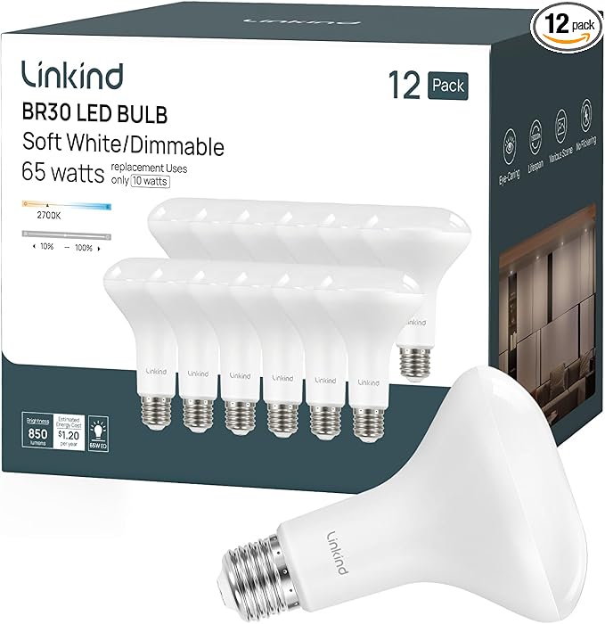 Linkind BR30 LED Flood Light Bulbs Indoor, 65W Equivalent Dimmable LED Recessed Bulbs, 10W 850 Lumens, 2700K Soft White E26 Base, Recessed Can Light Bulb for Bedroom Dining Room Bathroom, 12 Packs