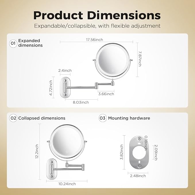Wall Mounted Makeup Mirror, 8 Inch, 1X/30X, Rechargeable 4000mAh | Double-Sided LED Mirror with Extendable Arm and 360° Swivel for Makeup, Skincare, Shaving, and Bathroom Vanities