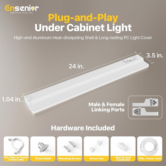 Ensenior Plug in or Hardwired Under Cabinet Lighting, 24 Inch 14W | Heat-dissipating Aluminum, Built-in Switch & 4-Level Dimmer, 5 Colors, 2 Link Options, True-Color CRI90+, Moisture-Proof, FCC