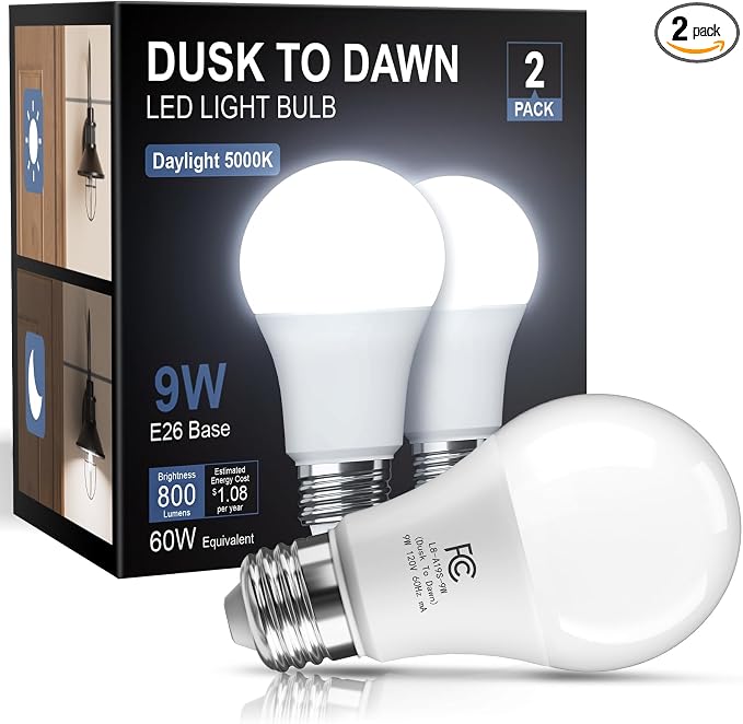 TJOY Dusk to Dawn Light Bulb Outdoor, Light Sensor, Automatic on/Off, 5000K | Photocell A19 LED Bulb for Outdoor Porch Lighting, 60W Equivalent, Energy Efficient 9W, Daylight, E26 Base, 2 Pack