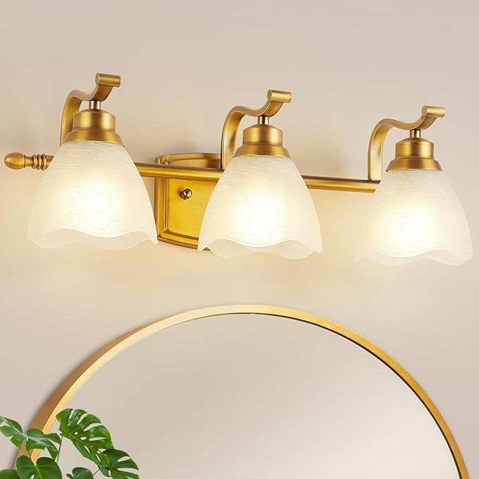 Bathroom Light Fixtures (3-Light, 20.5 Inch), Brushed Gold Vanity Lights for Bathroom with White Frosted Glass Shade, Modern Vanity Wall Lights for Mirror Bedroom Living Room Kitchen Hallway Porch