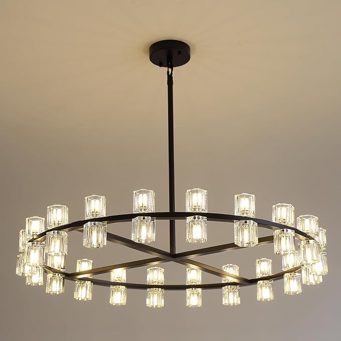 Dia 40" Black Large Wagon Wheel Chandelier, 40-Lights Farmhouse Pendant Light Fixture, Round Rustic Hanging Lighting for Dining Room Kitchen Island Foyer Entryway