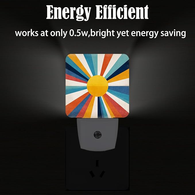 Colorful Sunburst Night Light,Plug Into Wall for Boys Girls Bedroom Decorative Square Night Light Lamp 0.5w Sleep Friendly