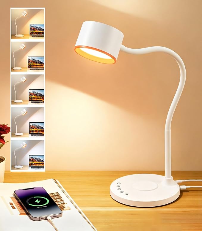 LiFMIRA Desk lamp with USB Charging Ports, Touch Control Desk Light White | Reading Lamp for Home Office, 5 Color Stepless Dimming Study Lamps Reading Light Table Lamp for Bedroom Bedside Dorm Room