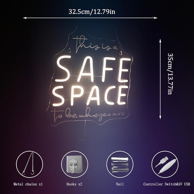 "This Is A Safe Space To Be Who You Are" Neon Sign, Positive Quotes Decorative Neon Lights for Home Room Wall Decor, Kids Room Wall Hanging Banners, Playroom Wall Decor Neon Light Sign(warm white)