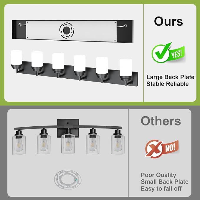Bathroom Light Fixtures, Matte Black Bathroom Lighting Fixtures Over Mirror, Modern Vanity Light with White Glass Shade, Restroom Lighting Fixtures, 6-Light 46-inch