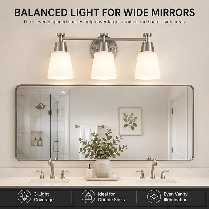 3-Light Bathroom Vanity Light, Brushed Nickel Finish with Milk Glass Shades, Over Mirror, for Bathroom Vanity