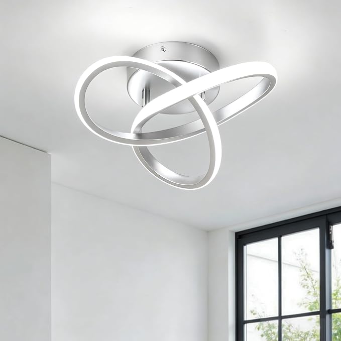 Hallway Light Acrylic Modern LED Ceiling Light Fixtures Cool White 6000K Close to Ceiling Lights for Bedroom, Bathroom, Kitchen, Balcony, Corridor, Stair, Aisle Lamp Curved Design (Sliver,6000K)