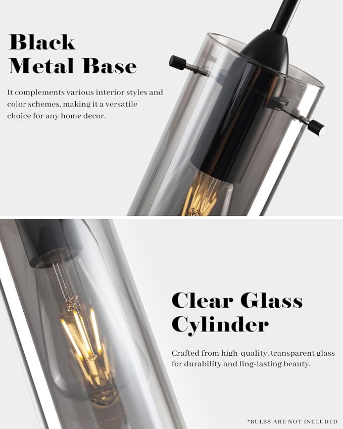 Smoke Gray Glass Pendant Light Kitchen Island, Kitchen Island Lights Ceiling Hanging, Kitchen Pendant Lights 2 Pack, Modern Clear Hanging Pendant Light for Kitchen, Living Room, Bathroom