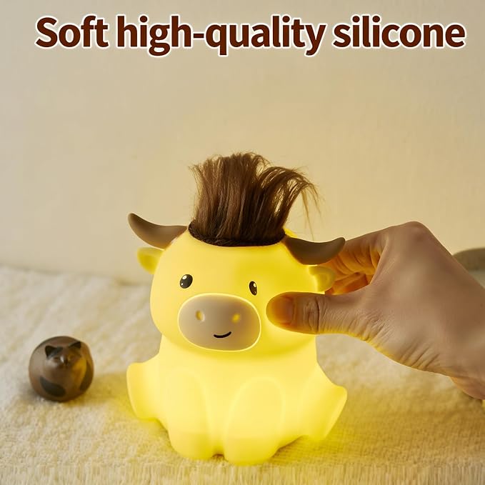 Cute Highland Cow Night Light, LED Squishy Night Lamp, 2 Levels Dimmable Timer Nursery Nightlight for Kids, Rechargeable Touch Lamp, Dorm Decor, Kids Funny Gifts (Highland Cow)