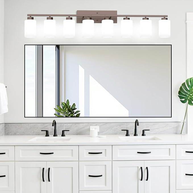 IZORRO Modern Bathroom Light Fixtures, 8 Light Oil-Rubbed Bronze Vanity Lights, Bathroom Lighting Fixtures Over Mirror with White Glass for Living Room Cabinet Bedroom