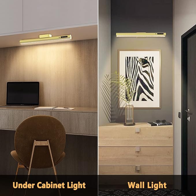 Rechargeable Magnetic LED Light Bar, 4000mAh Wireless Closet Light | Under Cabinet Lighting, Battery Powered Operated Wall Strip Light, Dimmable Lamp for Mirror Closet Picture Kitchen Gold