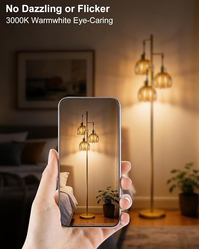 Lightdot 65'' Glass Floor Lamp Dimmable Gold with Brown Lotus Glass Shade & 3000K Bulbs Included 3-Lights Modern Tall Standing Lamp with 5Lbs Heavy Base for Living Room/Bedroom/Sofa/Corner Decor