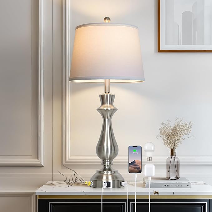 Modern Silver Table Lamp for Living Room,30" Tall Bedside Lamp with USB Charging Port,3-Way Dimmable Touch Nightstand Lamp for Bedroom Desk Side Table Office,Silver-1P