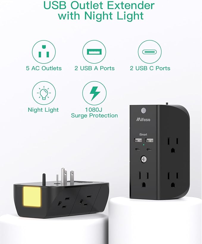 Surge Protector Outlet Extender with Night Light, 5-Outlet Splitter and 4 USB Ports (2 USB C Charger), Multi Plug Wall Outlet for Home, Dorm Room Essentials