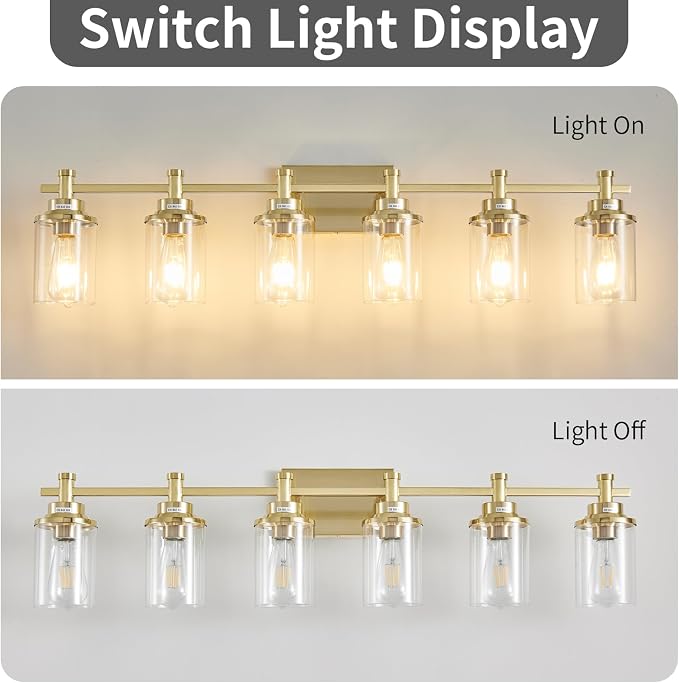 Brushed Brass 6-Light Vanity Light Fixtures with Clear Glass Shades Over Mirror for Bathroom, Living Room, Hallway