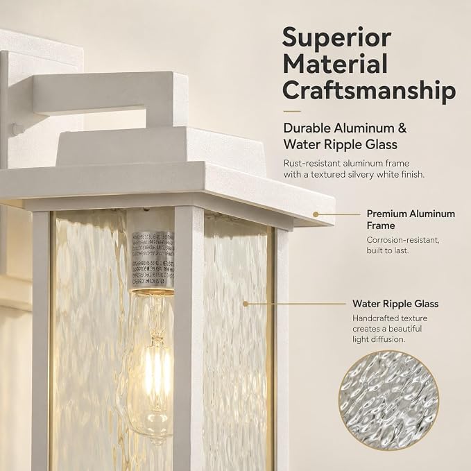 White Outdoor Wall Light Fixtures with Water Ripple Glass, 2-Pack