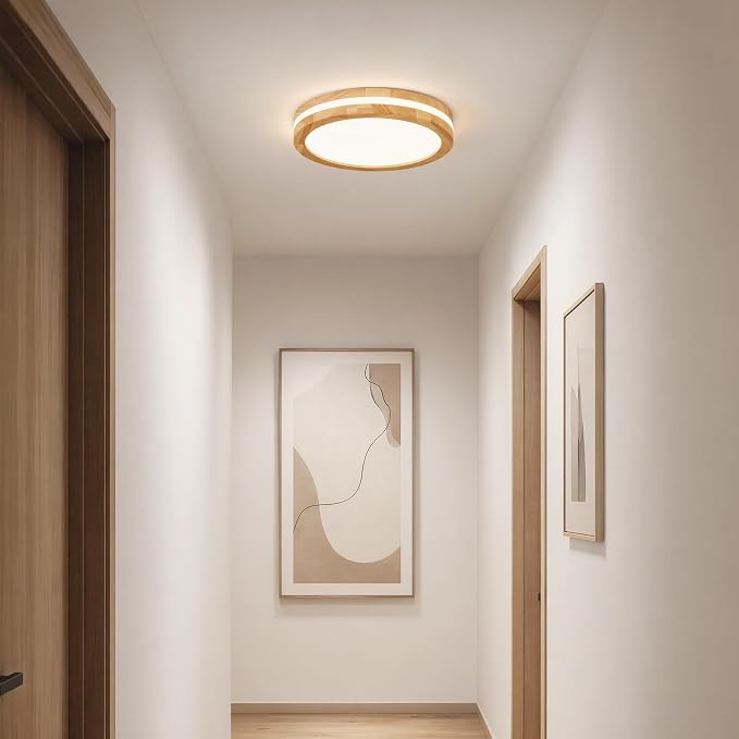 Pevfah Modern Dimmable LED Wood Flush Mount Ceiling Light, 5CCT Round Close to Ceiling Lighting Fixtures, Minimalist Ceiling Lamp for Bedroom, Kitchen, Hallway, Laundry Room-11.81in