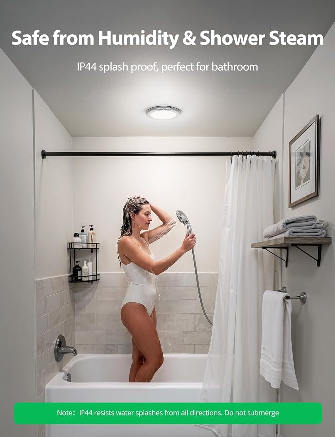 Bojim Wireless Waterproof Shower Light Magnetic Motion Sensor Ceiling Light | Battery Operated Lights with Remote, Waterproof & 3CCT Dimmable, No Wiring for Bathroom Stairs Shed