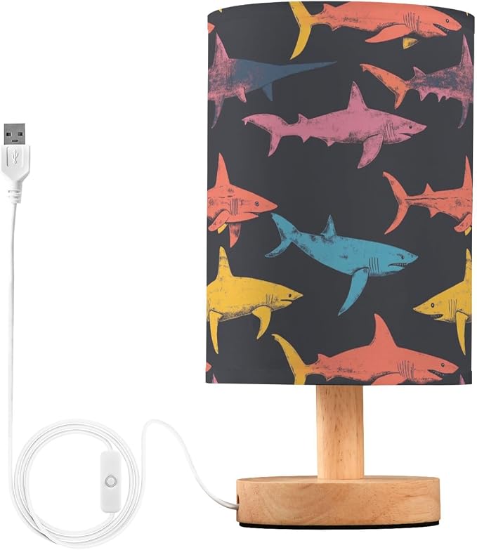 Fustylead Retro Colorful Sharks Undersea Animal Bedside Table Lamps with USB Port for Bedroom Lamp Small Nightstand Lamp Sturdy Linen Shade Wooden Decorative Lamps for Nursery Kids Reading Dorm Home