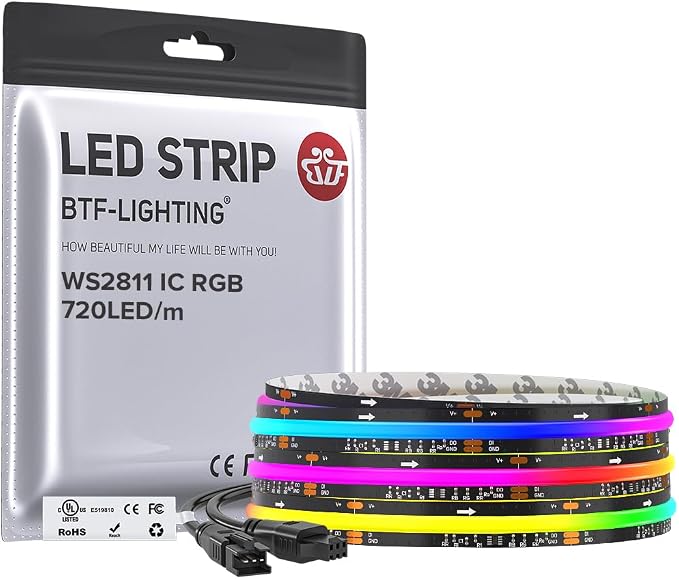 BTF-LIGHTING WS2811 Smart IC RGB FCOB COB LED Strip, UL Listed 720LEDs/m High Density Color Chasing Uniform Light, DC12V 9.8FT 12mm Width Black PCB for Home Party DIY Decor(No Adapter or Controller)