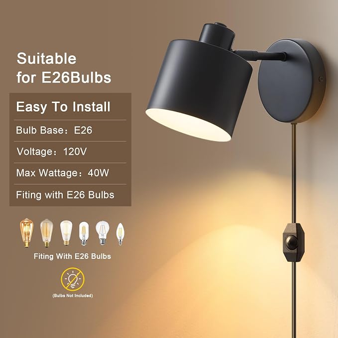 Lightess Black Plug in Wall Sconces Set of 2 Dimmable Corded with Switch | 350° Rotatable Lamp Head, Dimmable Corded Fixture With On Off Switch, Fits Bedside Kitchen Hallway; Bulbs Not Included